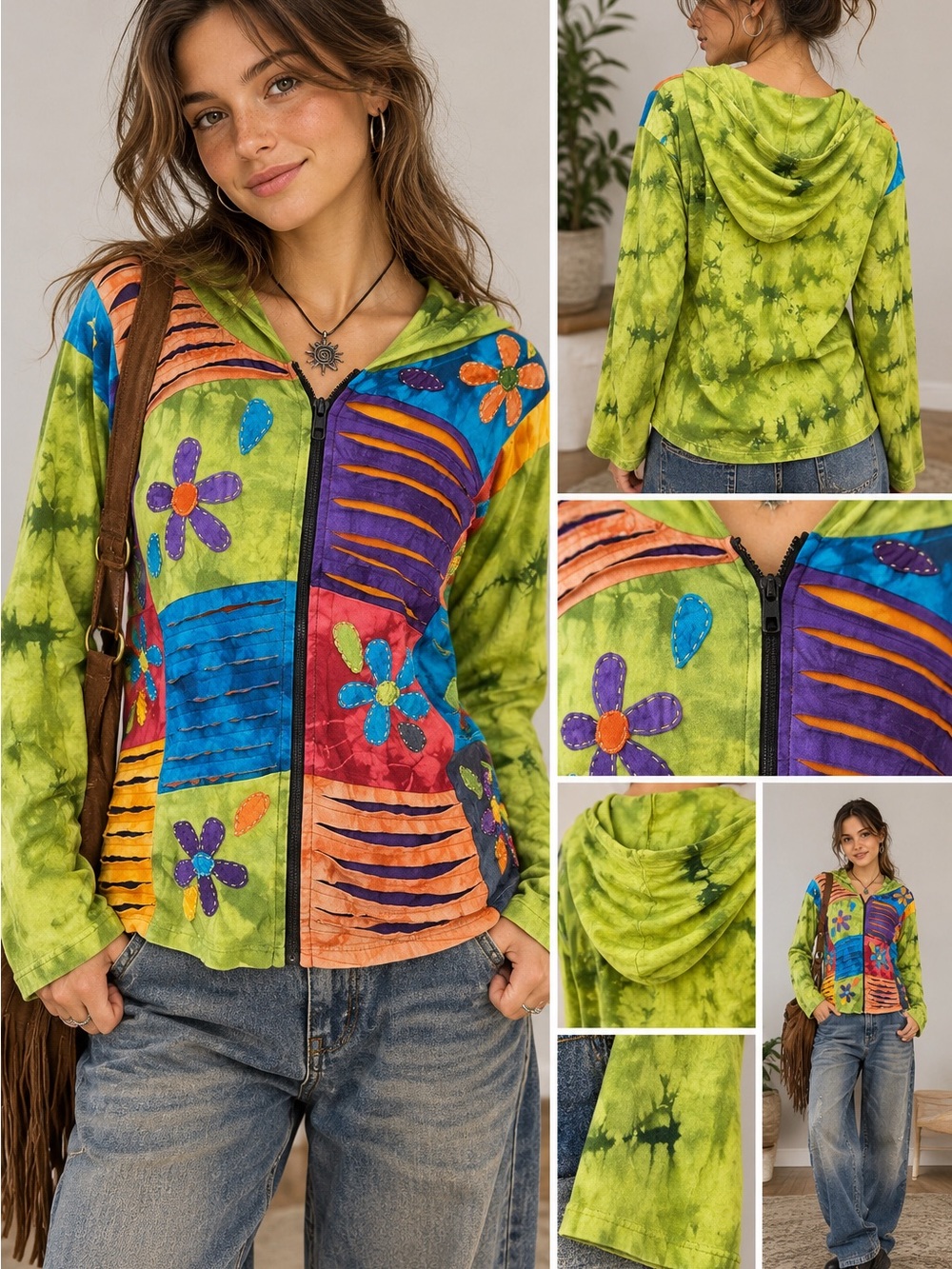 India Boutique Lime Green Tie-Dye Zip Hoodie with Multicolor Floral Patchwork
